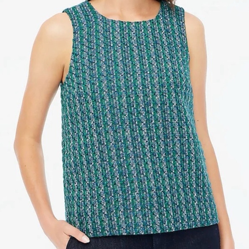 NWT J.Crew Green Blue Textured Tweed Crewneck Shell Top Business Casual Small S